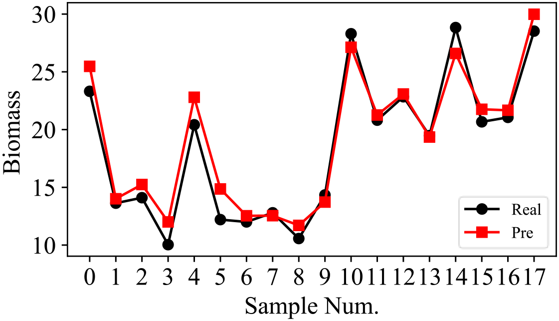 Line graph showing biomass against sample number. The x-axis is labeled “Sample Num.” from 0 to 17. The y-axis is labeled “Biomass” from 10 to 30. Two lines indicate “Real” (black circles) and “Pre” (red squares) values, showing fluctuations and a similar upward trend towards the end.