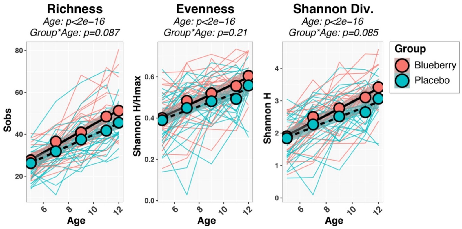 Three spaghetti plots show the relationship between age, group, and indices of alpha-diversity: Richness, Evenness, and Shannon Diversity. Blueberry and placebo groups are differentiated by color, with lines and markers to indicate individual trends and group averages. P-values indicate significance for age in all indices, and nominal significance in group-by-age interactions for Richness and Shannon Diversity.