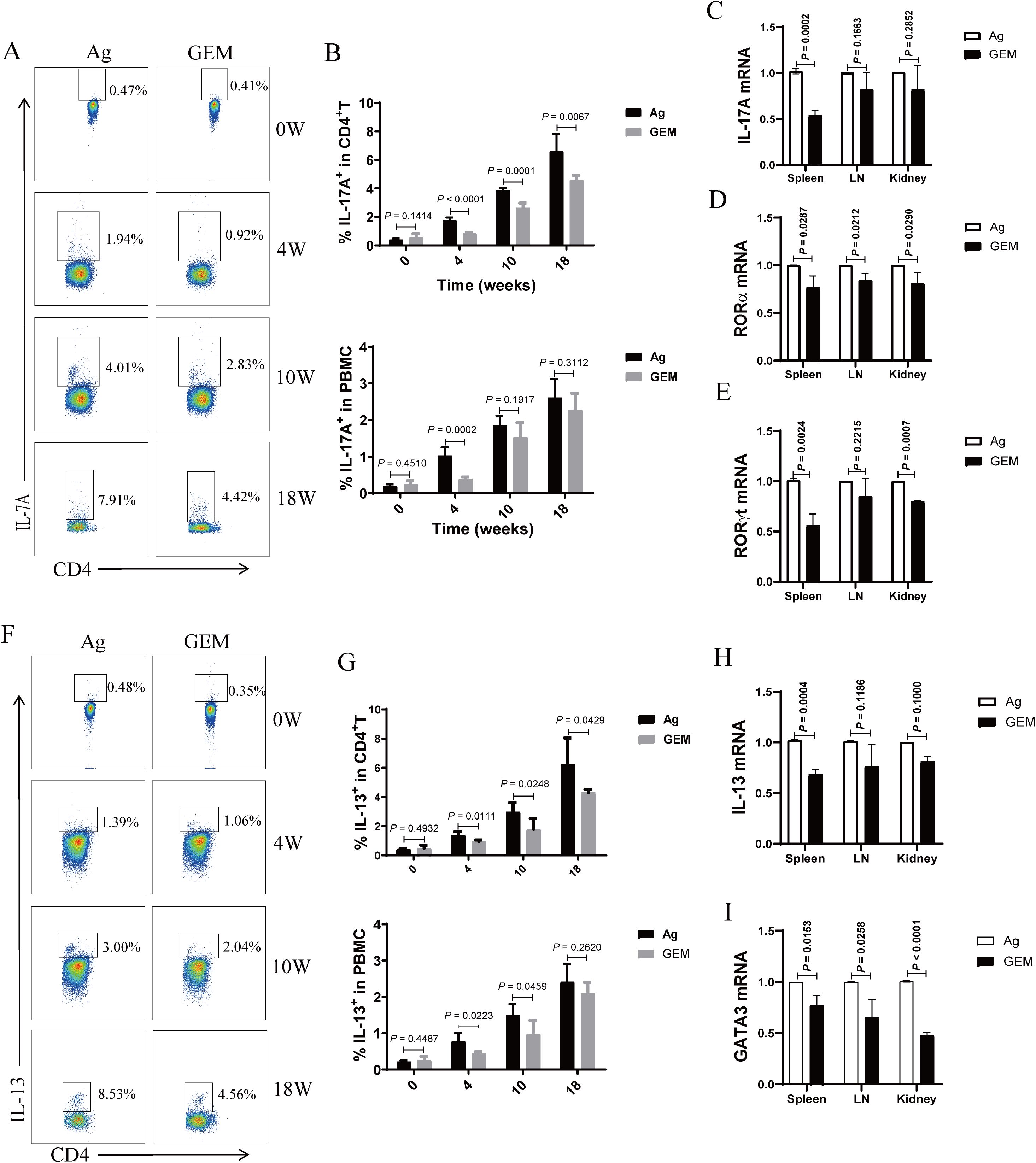 Flow cytometry plots and bar graphs show data comparing immune responses in Ag and GEM groups over time. Panel A displays IL-17A with CD4 markers at various weeks. Panel B provides percentage data for IL-17A in CD4+T and PBMC. Panels C, D, and E show mRNA levels for IL-17A, RORγt, and RORα1 in spleen, lymph nodes, and kidney. Panel F depicts IL-13 with CD4 markers. Panel G shows percentage data for IL-13 in CD4+T and PBMC. Panels H and I present mRNA levels for IL-13 and GATA3 in spleen, lymph nodes, and kidney. Statistical significance is indicated.