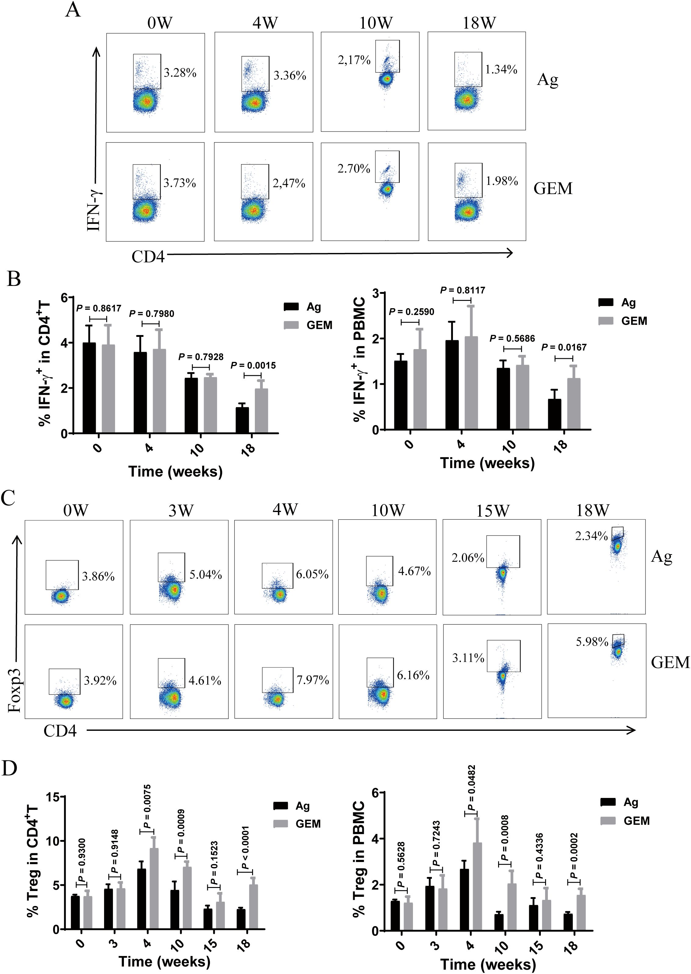 Flow cytometry data and graphs show the percentage of IFN-γ⁺ in CD4⁺ T cells and PBMCs over time for Ag and GEM groups. Panel A contains dot plots indicating IFN-γ⁺ expression at weeks 0, 4, 10, and 18. Panel B shows bar graphs of IFN-γ⁺ percentages with significance values. Panel C includes dot plots of Foxp3 expression at weeks 0, 3, 4, 10, 15, and 18. Panel D presents bar graphs for the percentage of Tregs in CD4⁺ T cells and PBMCs, also with significance values.