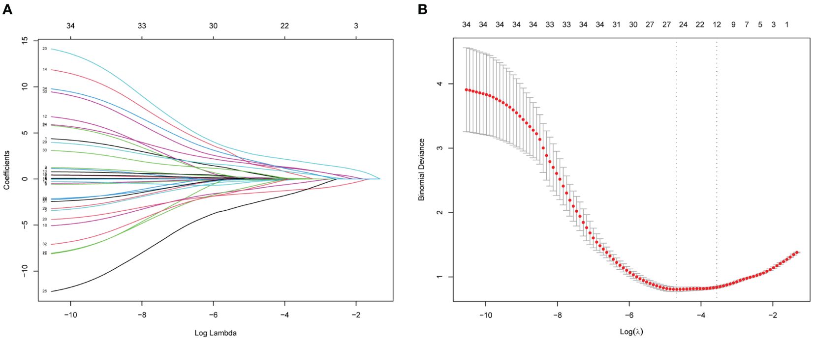 Two plots compare model coefficients and binomial deviance against the log of lambda. The left plot shows coefficient paths for different features with lines diverging as log lambda decreases. The right plot shows binomial deviance decreasing then increasing along a curve of red points with error bars as log lambda becomes less negative. Vertical dotted lines indicate optimal lambda values.
