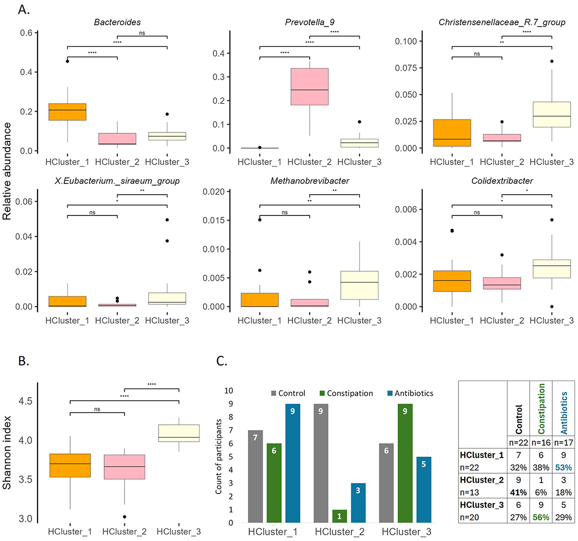Differences of gut microbiota between the clusters at baseline. Box plots and bar charts displaying microbiome data. A. Six box plots show relative abundance of different bacterial taxa (Bacteroides, Prevotella_9, Christensenellaceae_R_7_group, X. Eubacterium siraeum group, Methanobrevibacter, Coledixtribacter) across HCluster_1, HCluster_2, and HCluster_3 with significance levels marked. B. A box plot for the Shannon index across the same clusters, indicating diversity differences. C. A bar chart illustrates participant counts per condition (Control, Constipation, Antibiotics) and cluster. An adjacent table details numeric data.