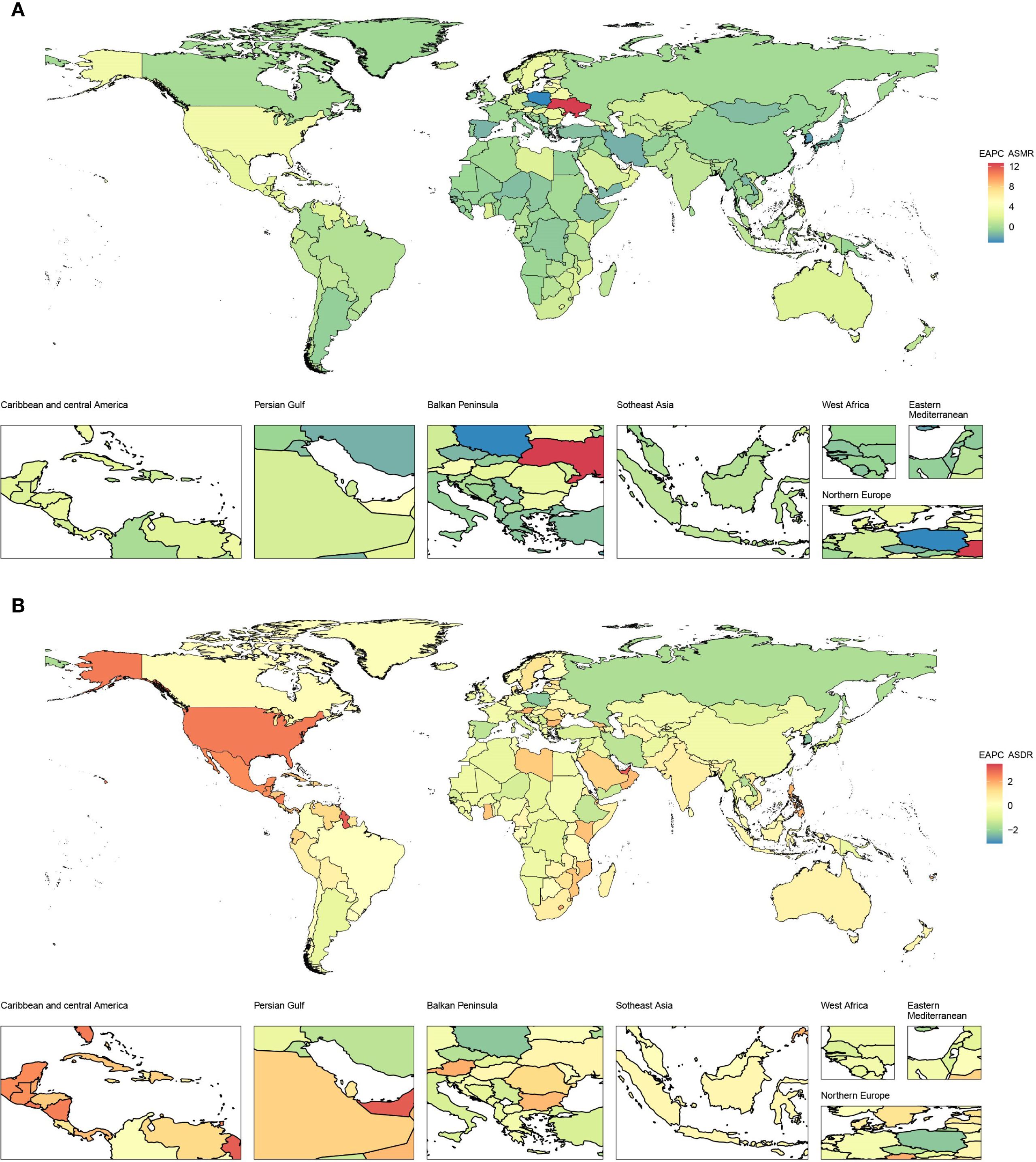 Two world maps labeled A and B depict variations in EAPC ASMR and EAPC ASDR respectively, using a color gradient. Map A primarily shows green and light green shades indicating lower rates. Map B uses orange and red shades for higher rates, especially in North and Central America. Insets display detailed regions: Caribbean and Central America, Persian Gulf, Balkan Peninsula, Southeast Asia, West Africa, Eastern Mediterranean, and Northern Europe. A color scale indicates the range of values.