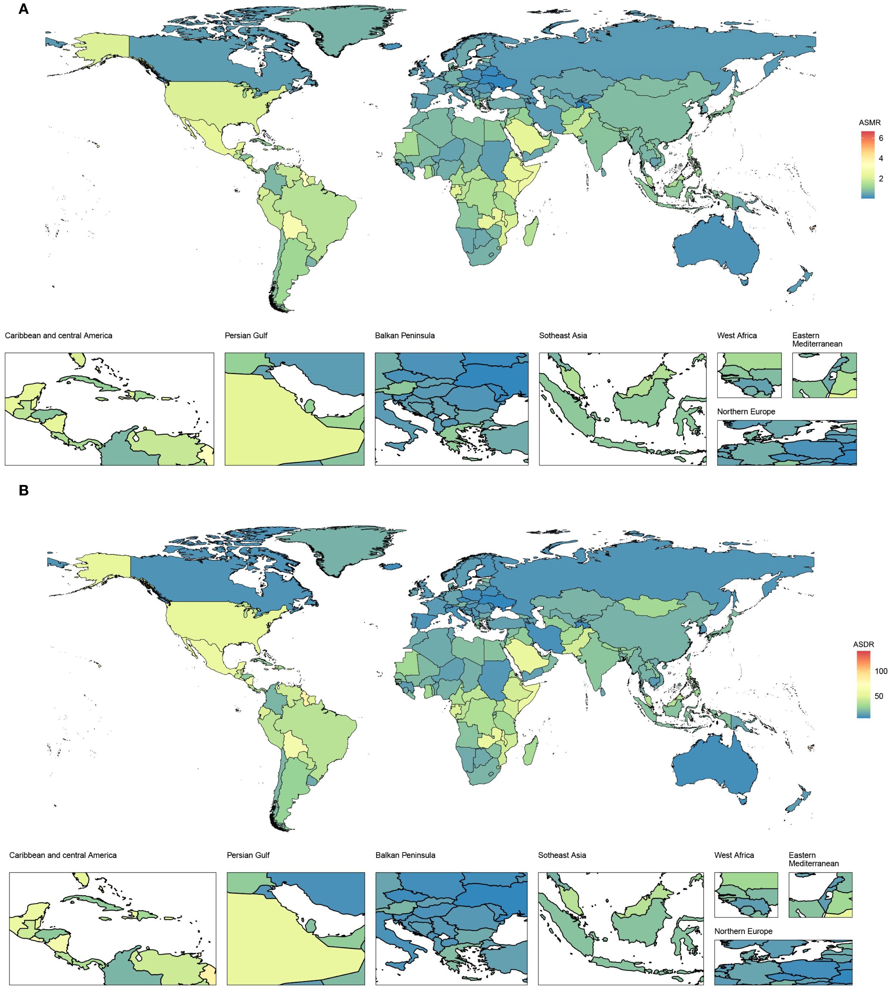 World maps labeled A and B show age-standardized mortality rate (ASMR) and age-standardized death rate (ASDR) across regions. Colors range from yellow to blue, with specific areas like the Caribbean, Persian Gulf, Balkan Peninsula, Southeast Asia, West Africa, Eastern Mediterranean, and Northern Europe highlighted. Color gradients indicate differing mortality and death rates, with legends on the right for reference.