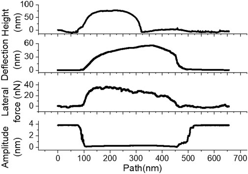 Three line graphs depicting measurements of deflection height, lateral force, and amplitude over a path ranging from zero to seven hundred nanometers. The top graph shows deflection peaking around fifty nanometers. The middle graph shows lateral force peaking around forty nanonewtons. The bottom graph shows amplitude decreasing to near zero and then returning to approximately four nanometers.