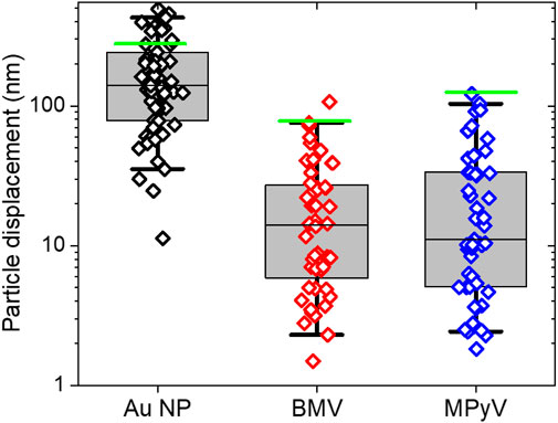 Box plot comparing particle displacement in nanometers for three groups: Au NP (black), BMV (red), and MPyV (blue). Each group shows data distribution with individual data points and median lines.