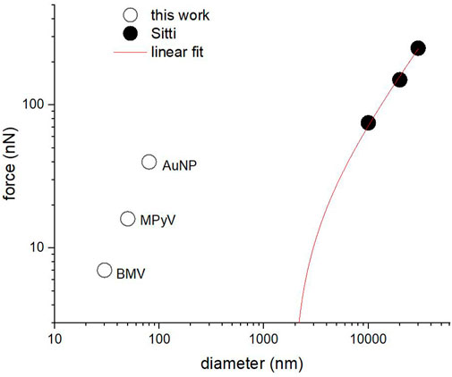 A logarithmic plot showing force in nanonewtons versus diameter in nanometers. Data points labeled