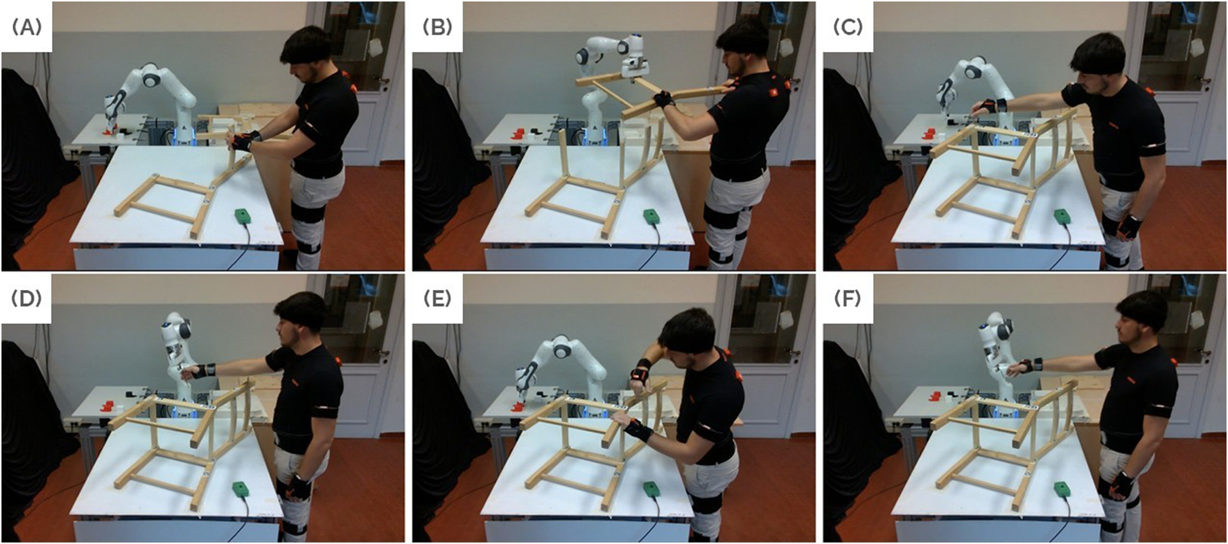 A series of six images labeled A to F showing a man interacting with a robotic arm while assembling a wooden chair structure. The man appears to be cooperating with the robot to position and adjust the chair components on a table. The setting includes a robotic arm, the wooden structure, and various objects on the table suggesting an experimental setup.