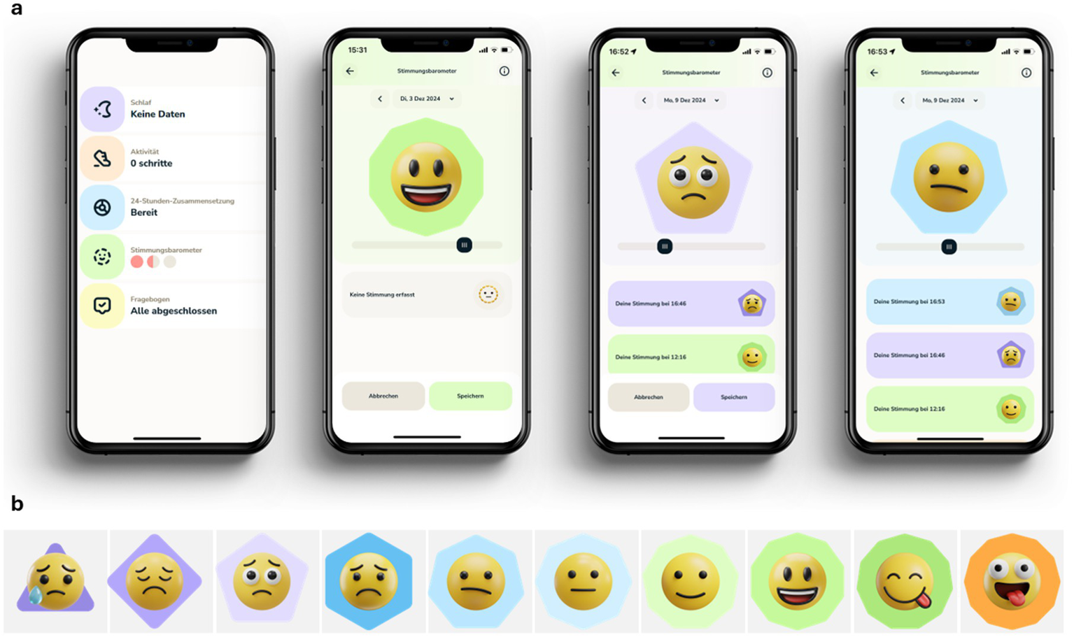 Four smartphone screens display the smilamind mood barometer. The rating features various emoji representing different moods, including happy, sad, and neutral faces, each with a colored geometric shape background. Below, a series of emojis show a range from crying to feeling crazy. The interface shows details like mood logging times and status updates such as sleep and activity data.