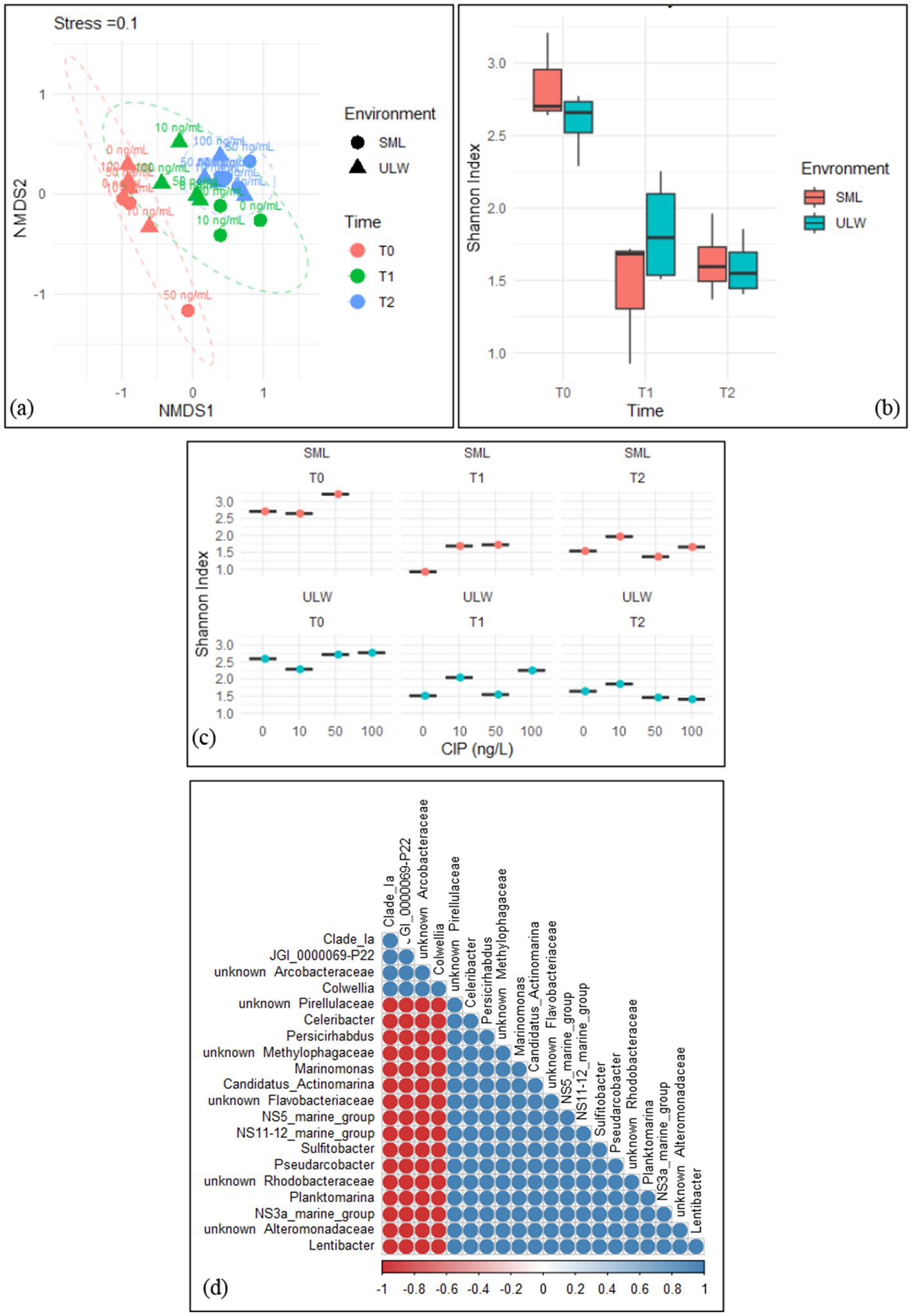 (a) NMDS plot showing clustering by environment and time, with points colored by timing and shaped by environment type. (b) Box plot of Shannon Index over time for two environments, SML and ULW. (c) This figure features a point plot. (d) Correlation heatmap of bacterial families, with color gradients indicating correlation strength from -1 to 1.