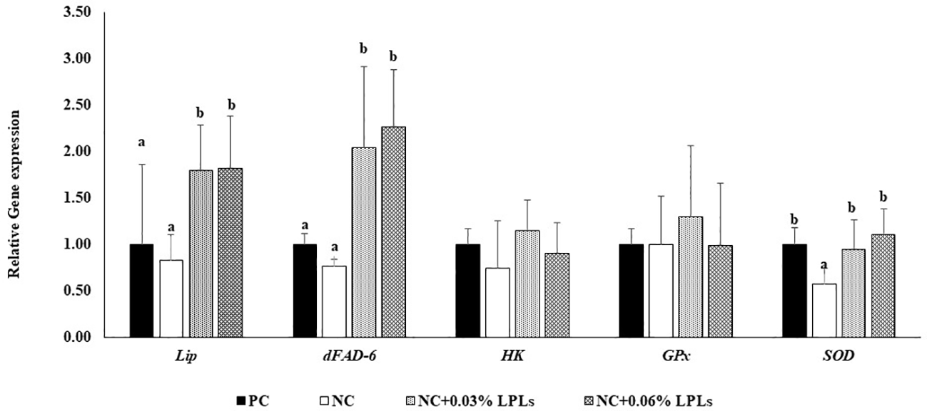 Bar chart showing relative gene expression levels for genes Lip, dFAD-6, HK, GPx, and SOD across four conditions: PC, NC, NC+0.03% LPLs, and NC+0.06% LPLs. Lip and dFAD-6 show higher expression in LPLs conditions. SOD expression is significantly higher in both LPLs conditions compared to NC. Error bars indicate variability.