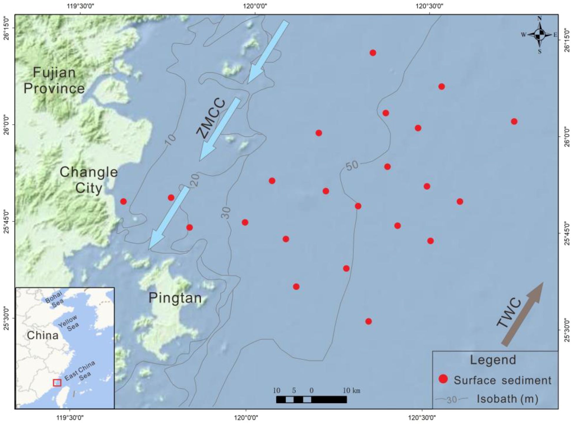 Map showing the coastal region near Changle City and Pingtan in Fujian Province, China. Red dots indicate surface sediment locations. Arrows label ZMCC and TWC currents. Inset map highlights the East China Sea's position. Isobaths are marked at ten, twenty, thirty, and fifty meters depth.