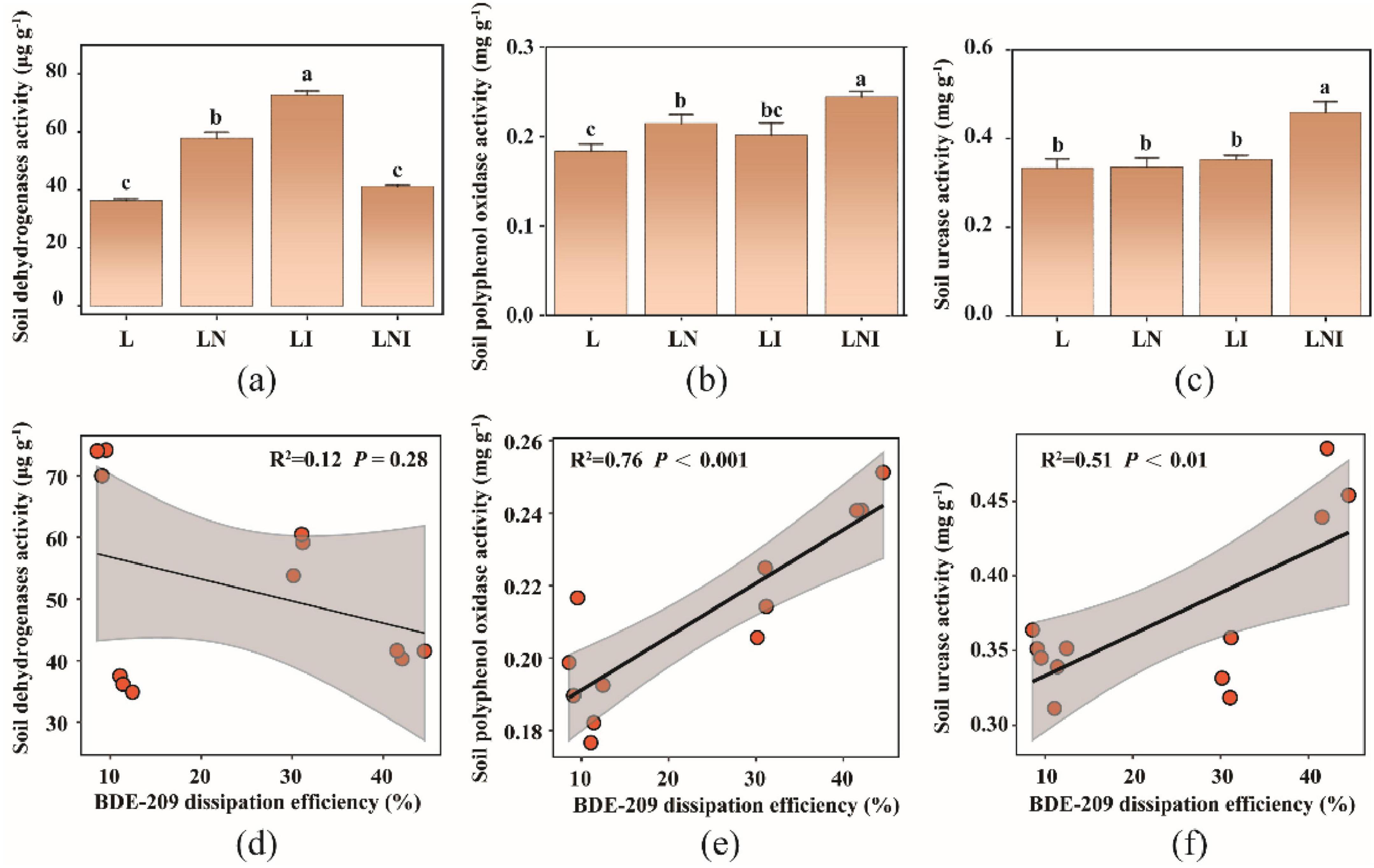 Bar and scatter plots display soil enzyme activities. Panels (a), (b), and (c) show bar charts for soil dehydrogenase, polyphenol oxidase, and urease activities under different treatments (L, LN, LI, LNI) with significant differences marked by letters. Panels (d), (e), and (f) are scatter plots showing the correlation of BDE-209 dissipation efficiency with soil dehydrogenase, polyphenol oxidase, and urease activities, respectively. Regression lines and R-squared values indicate correlation strengths.