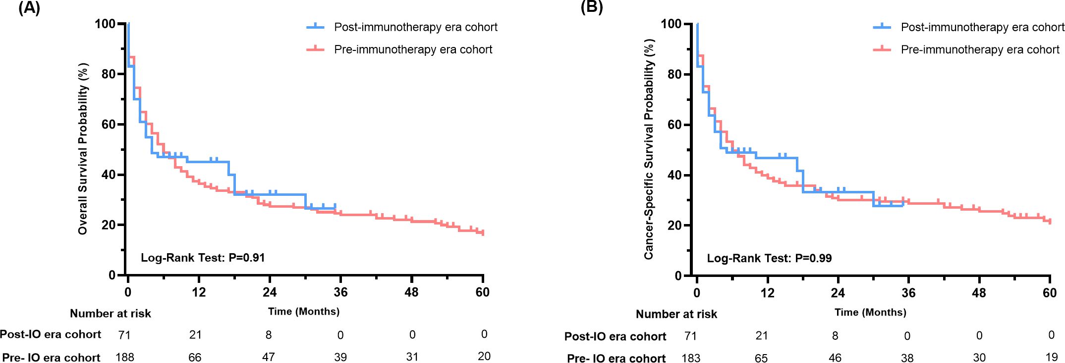 Kaplan-Meier survival curves showing (A) overall survival probability and (B) cancer-specific survival probability for post-immunotherapy era cohort (blue) and pre-immunotherapy era cohort (red). Both analyses have high p-values from Log-Rank tests, indicating no significant differences. The number of patients at risk is shown below the graphs.