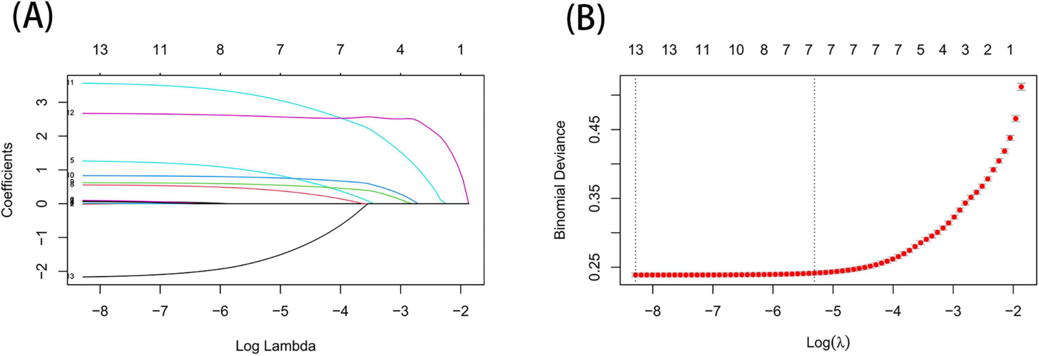 Chart (A) shows a line plot of coefficients vs. log lambda values ranging from -8 to 1, with colored lines representing different coefficients. Chart (B) displays a scatter plot of binomial deviance vs. log lambda, with red dots indicating data points showing an upward trend from log(lambda) = -6 to -2.