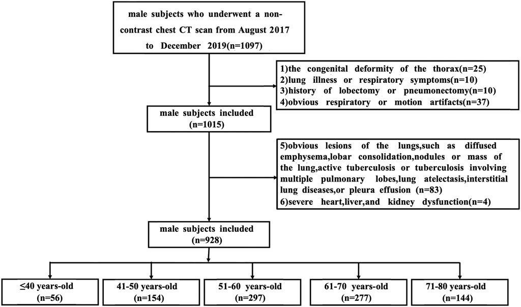 Flowchart detailing the selection and exclusion process for male subjects who underwent a non-contrast chest CT scan from August 2017 to December 2019. Initially, 1,097 subjects were considered. Exclusions included congenital thorax deformity (25), lung symptoms (10), history of lung surgery (10), and artifacts (37), reducing the count to 1015. Further exclusions mentioned lung lesions (83) and organ dysfunction (4), leaving 928 participants categorized by age groups: 40 or younger (56), 41-50 (154), 51-60 (297), 61-70 (277), and 71-80 (144).