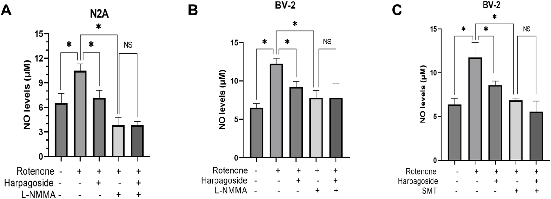 Bar graphs showing nitric oxide levels in micro moles per liter under different treatments. Graph A displays N2A cells, and graphs B and C show BV-2 cells. Each graph compares untreated and treated groups with Rotenone, Harpagoside, and inhibitors L-NMMA or SMT. Significant differences are marked by asterisks, and non-significant differences are labeled NS.