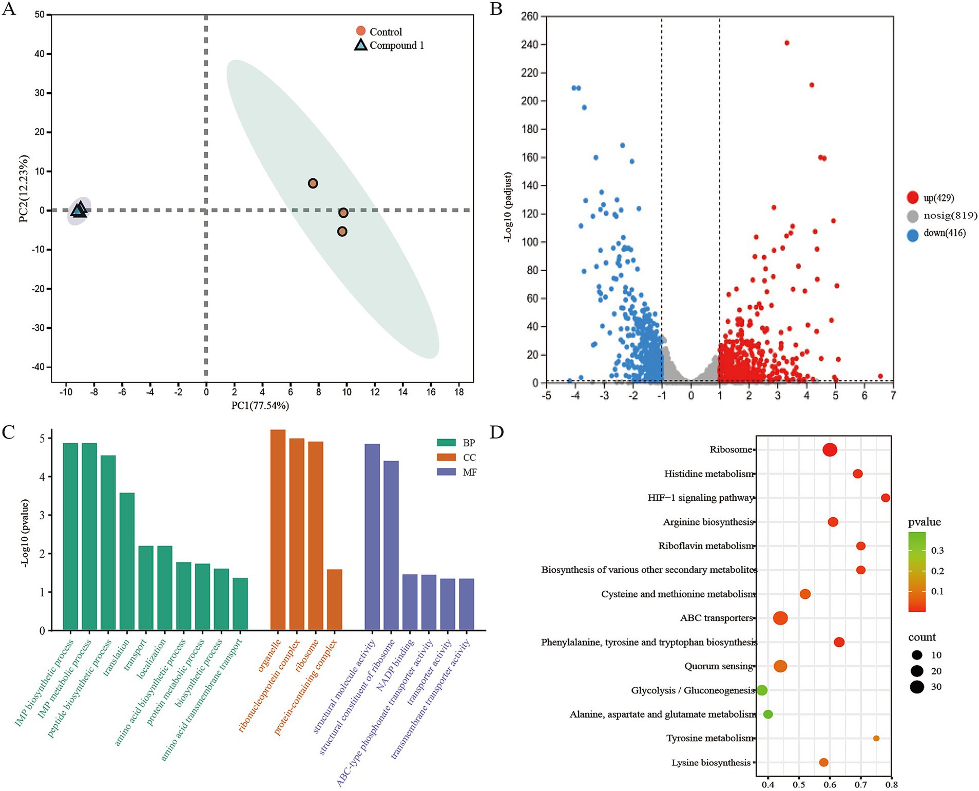 Four-part data visualization: A) PCA plot showing separation between control and Compound 1 groups, with distinct clusters. B) Volcano plot displaying upregulated (red) and downregulated (blue) genes, with nonsignificant ones in gray. C) Bar graph of enriched biological processes, cellular components, and molecular functions, color-coded: BP (green), CC (orange), and MF (blue). D) Bubble plot illustrating enriched pathways with bubble size representing count and color indicating p-value.
