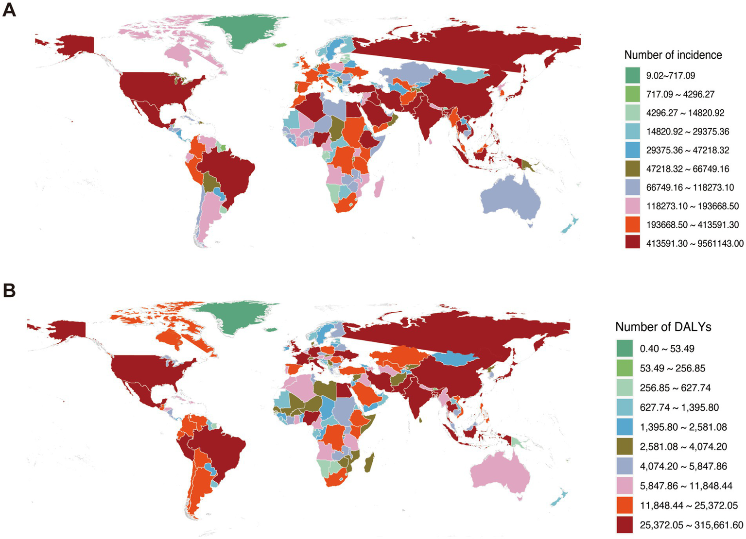 World maps illustrating data on two metrics: A) incidence of a particular condition, B) disability-adjusted life years (DALYs). Each map uses a color gradient to represent different data ranges. Areas with higher values are marked in dark red, while lighter colors indicate lower values. Color legends accompany each map, detailing specific ranges for visual representation.