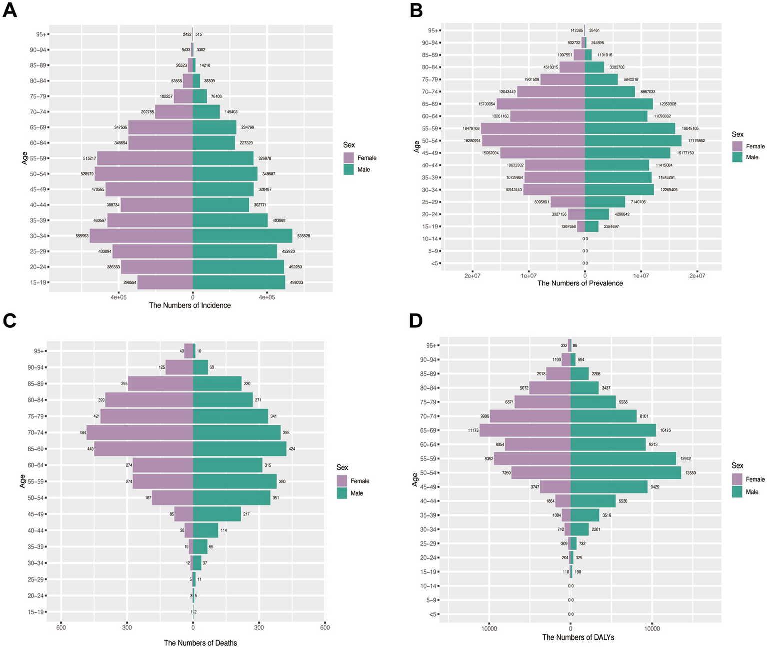 Four population pyramid charts labeled A, B, C, and D. Chart A shows the incidence numbers by age and sex; females in purple, males in green. Chart B illustrates prevalence numbers similarly. Chart C displays the numbers of deaths, and Chart D shows Disability-Adjusted Life Years (DALYs). Each chart compares data across various age groups, highlighting differences between sexes.