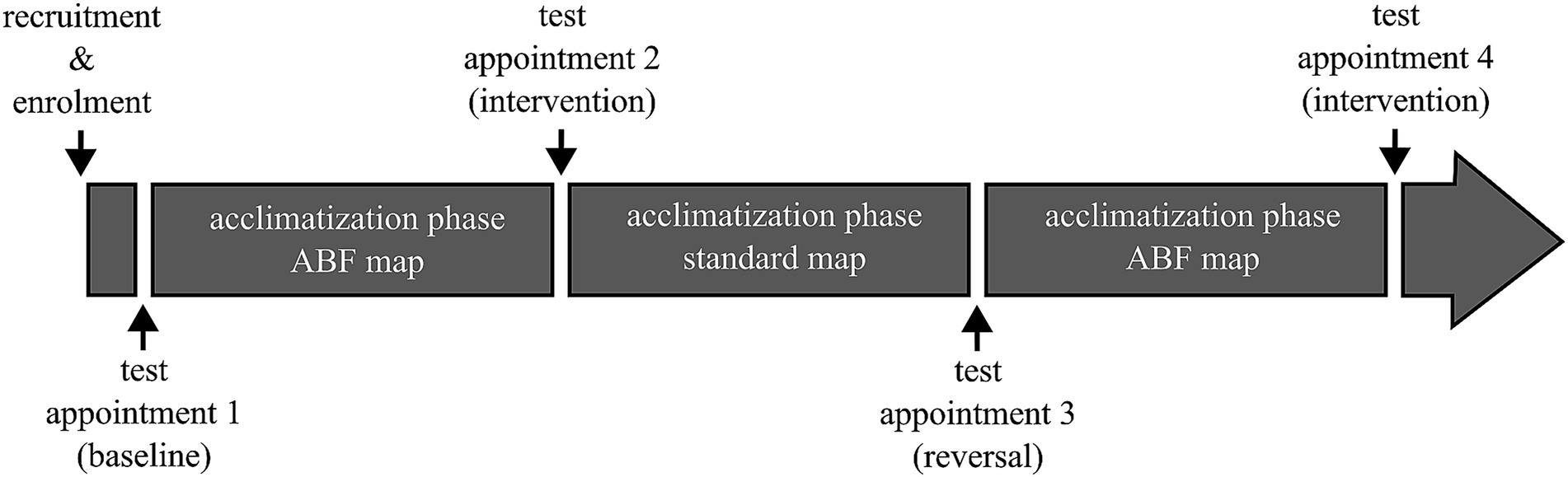 Flowchart depicting a phased process. Stages include recruitment and enrollment, followed by acclimatization phases with ABF map, standard map, and ABF map. Test appointments occur at baseline, intervention, reversal, and another intervention. Arrows indicate progression through phases.