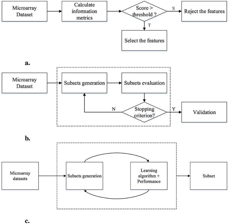 Flowchart depicts feature selection processes for microarray datasets. The first section involves calculating information metrics and selecting or rejecting features based on a threshold. The second section, labeled “a,” involves generating and evaluating subsets until a stopping criterion is met, followed by validation. The third section, labeled “b,” involves subset generation, learning algorithm performance evaluation, and outputting a subset.
