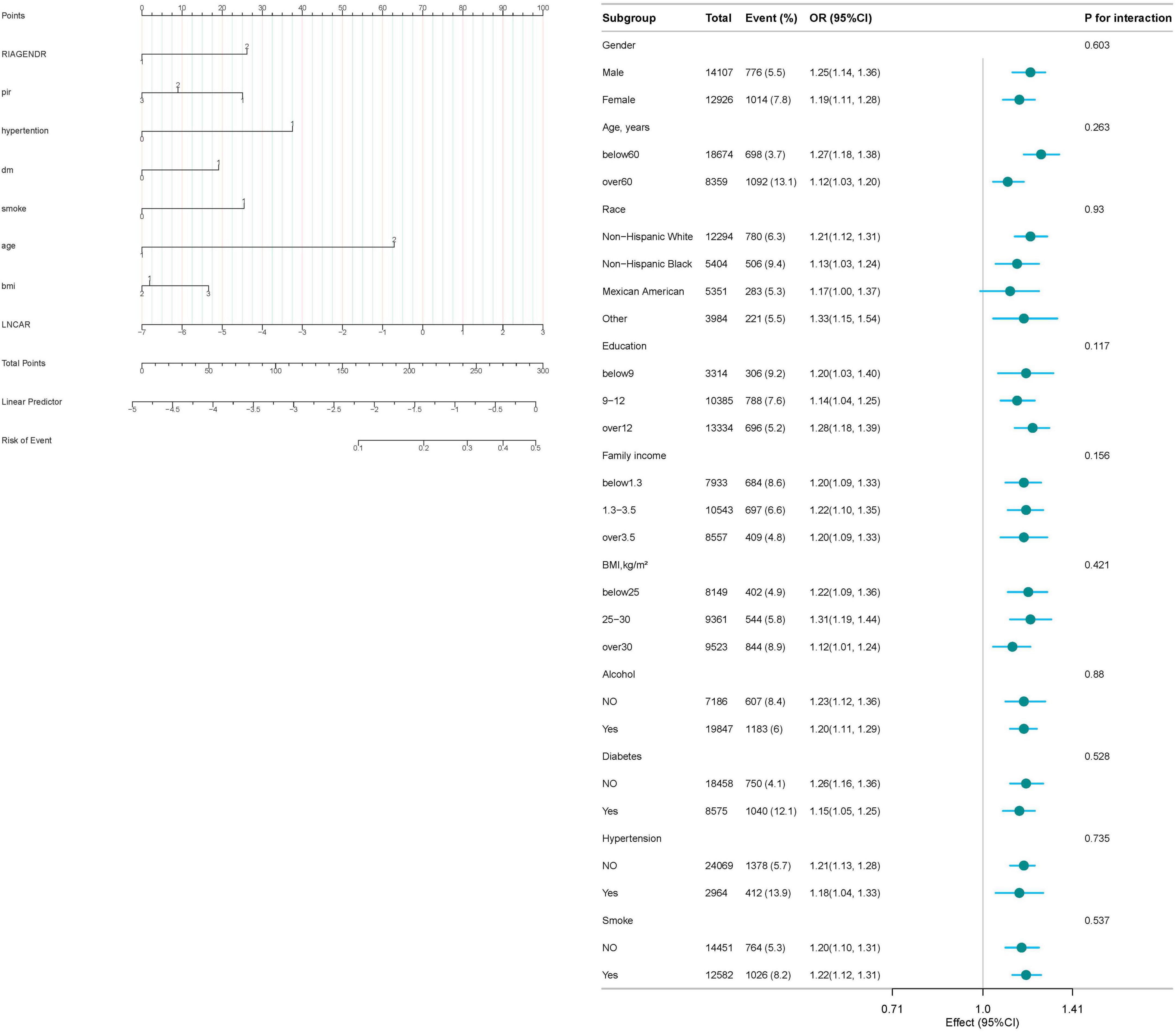 A forest plot and nomogram are depicted. The forest plot on the right displays subgroup analyses with odds ratios and confidence intervals for various factors such as gender, age, race, education, income, BMI, alcohol, diabetes, hypertension, and smoking. The nomogram on the left provides a visual tool to calculate risk scores based on variables like gender, age, and lifestyle factors, predicting the probability of an event. Both visualizations aid in assessing risk factors and outcomes.