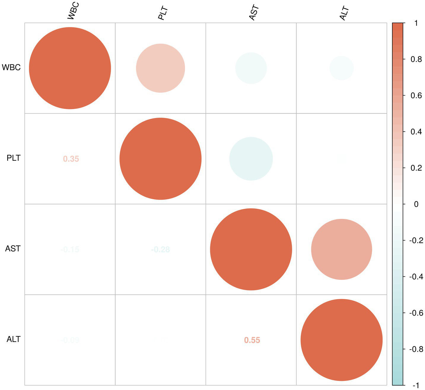 A correlogram showing the correlation between WBC, PLT, AST, and ALT. Circle size and color intensity indicate correlation strength, with values ranging from -0.3 to 0.55. Strongest correlation is between ALT and WBC, marked by a large dark red circle. The color bar on the right illustrates correlation from -1 (blue) to 1 (red).