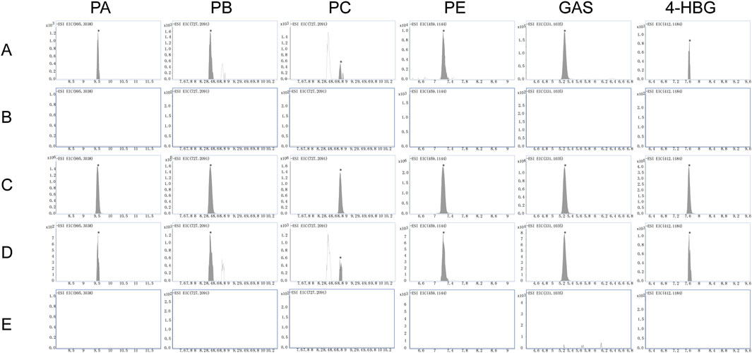 Mass spectrometry graphs show ion intensity versus time for different samples labeled PA, PB, PC, PE, GAS, and 4-HBG. Rows A to E depict varying ion profiles, mostly with single prominent peaks, some graphs showing no peaks. Each graph is titled with specific ion information.