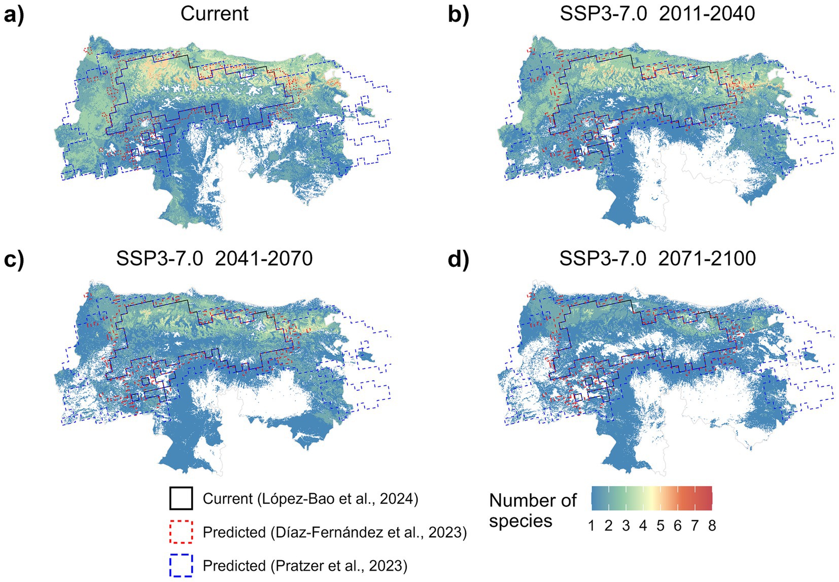 Maps illustrating species distribution under different scenarios: a) Current distribution, b) SSP3-7.0 model for 2011-2040, c) SSP3-7.0 model for 2041-2070, d) SSP3-7.0 model for 2071-2100. Color gradient indicates the number of species from blue (fewer) to red (more). Solid and dashed lines represent current and predicted areas by different studies.