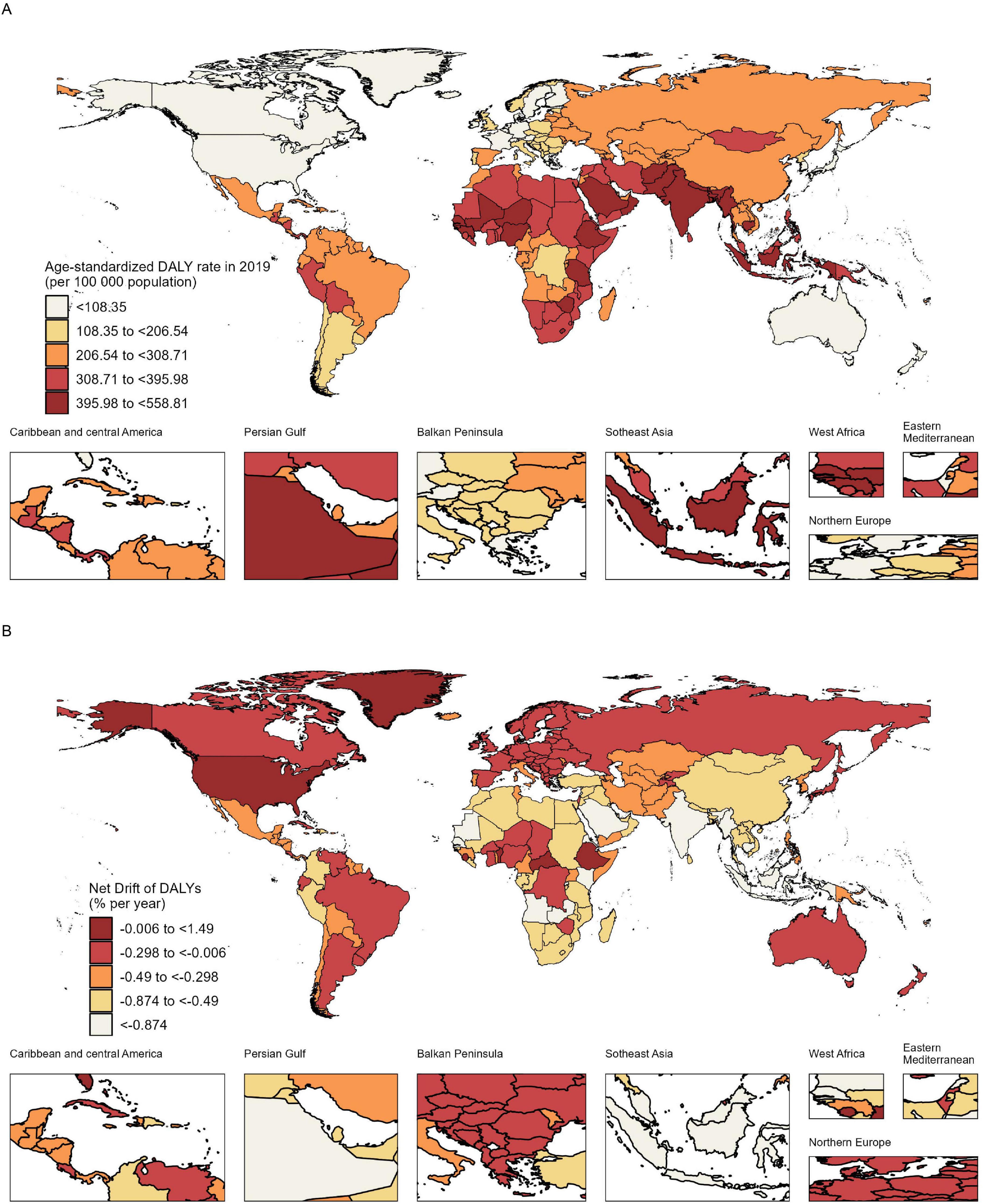 Global maps depicting the age-standardized Disability-Adjusted Life Years (DALYs) rate in 2019 and the net drift of DALYs per year. Map A shows color-coded DALY rates, with higher rates in Africa, Southeast Asia, and parts of the Middle East. Map B illustrates the net drift in DALYs, highlighting increases in North America, South America, and parts of Europe. Insets detail specific regions, including the Caribbean, Persian Gulf, and Balkan Peninsula.