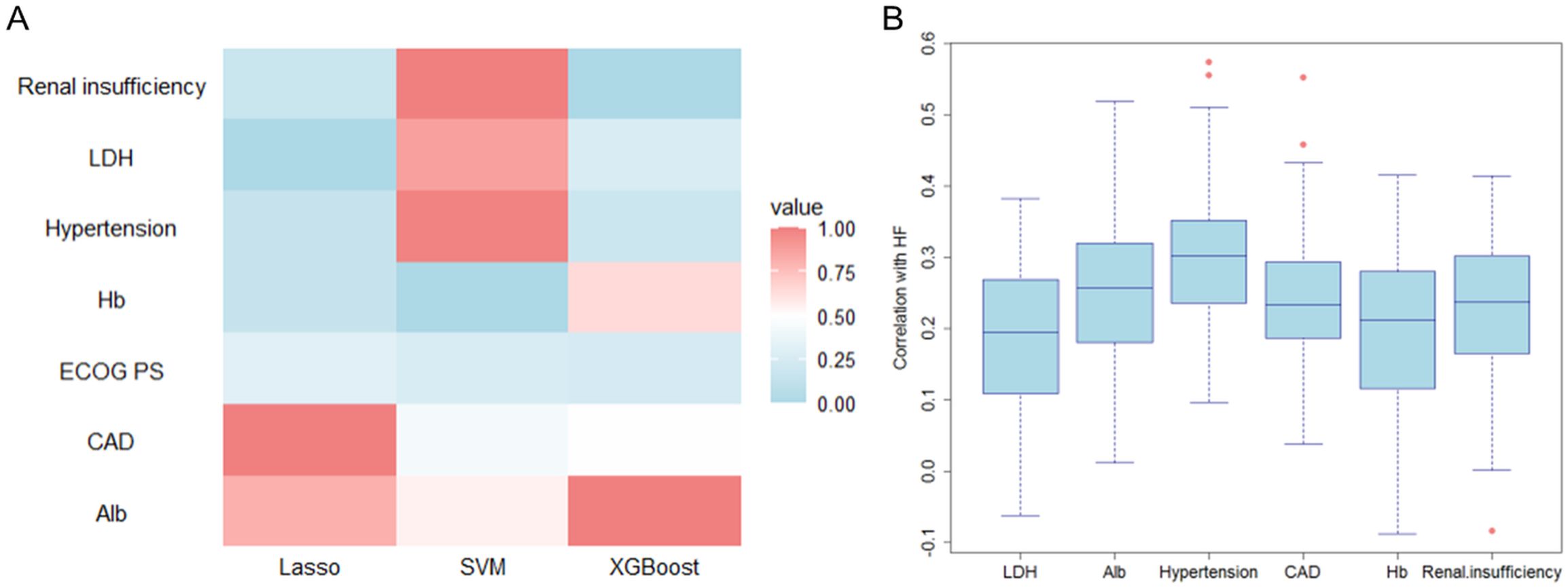 Panel A shows a heatmap comparing the importance of variables like renal insufficiency, LDH, hypertension, Hb, ECOG PS, CAD, and Alb across Lasso, SVM, and XGBoost models, with color intensity indicating value. Panel B displays a boxplot showing correlations of variables LDH, Alb, hypertension, CAD, Hb, and renal insufficiency with heart failure, with a scale from negative to positive correlation, and some outliers marked.
