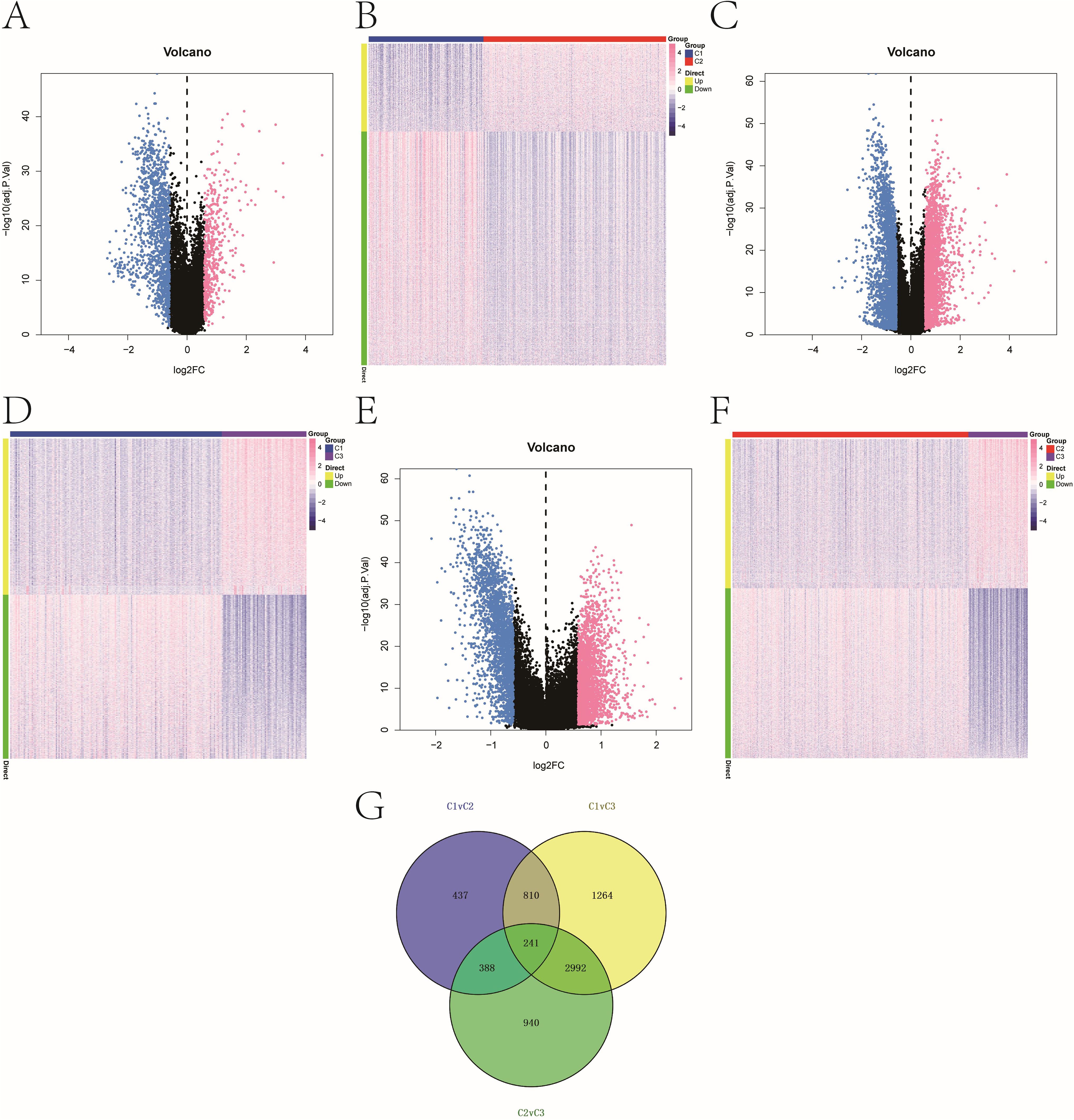 A series of data visualizations depicting three volcano plots (A, C, E), three heatmaps (B, D, F), and a Venn diagram (G). The volcano plots display gene expression changes with log2 fold change on the x-axis and negative log10 p-values on the y-axis, highlighting upregulated and downregulated genes. The heatmaps visualize gene expression data across different groups, with color bars indicating expression levels. The Venn diagram shows overlapping gene sets among three comparisons labeled C1 vs C2, C1 vs C3, and C2 vs C3, with numbers indicating gene counts.