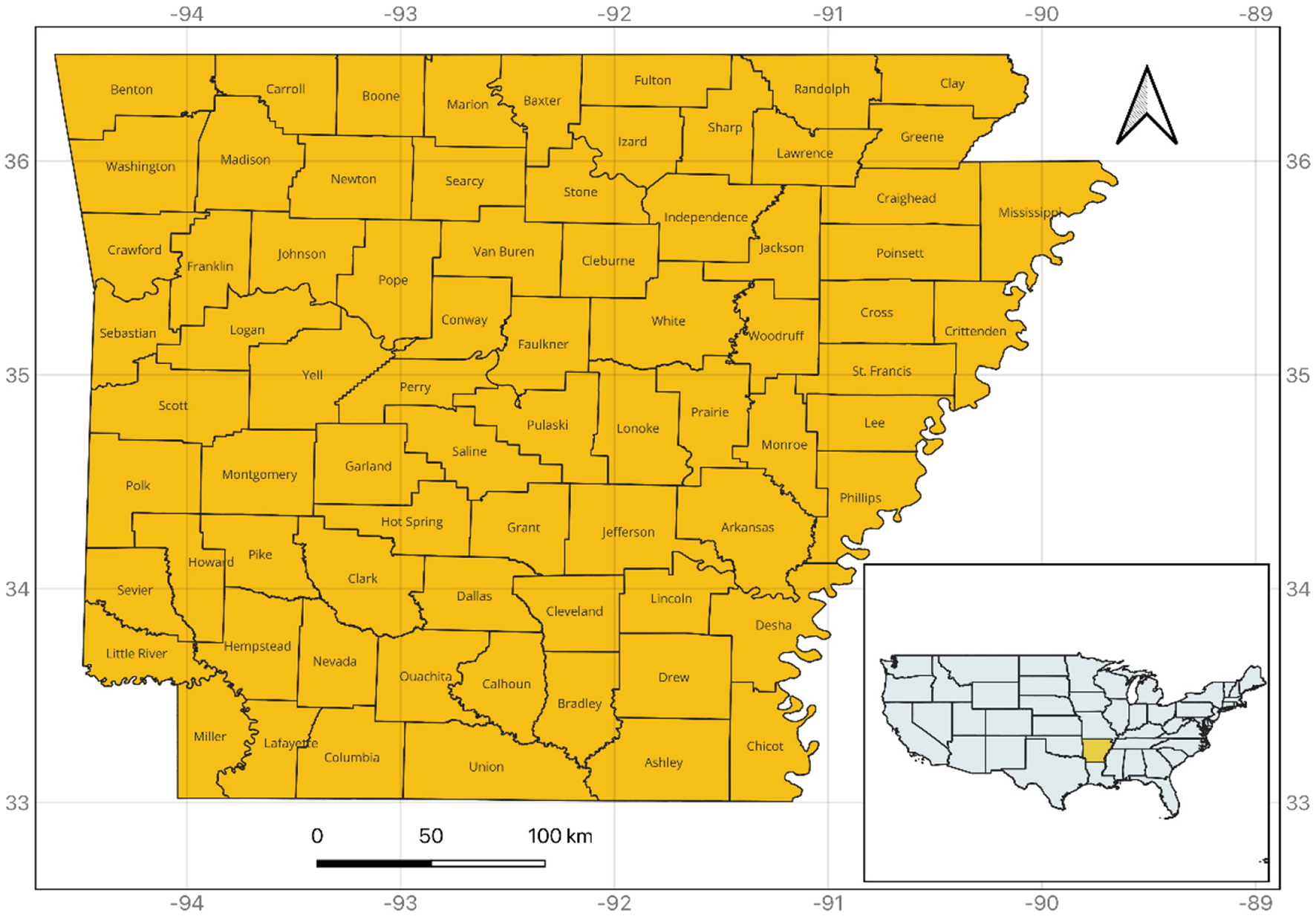 Map of Arkansas, highlighting its counties in yellow. An inset map shows Arkansas's location within the United States, shaded in yellow. The map includes a scale in kilometers and a north arrow.