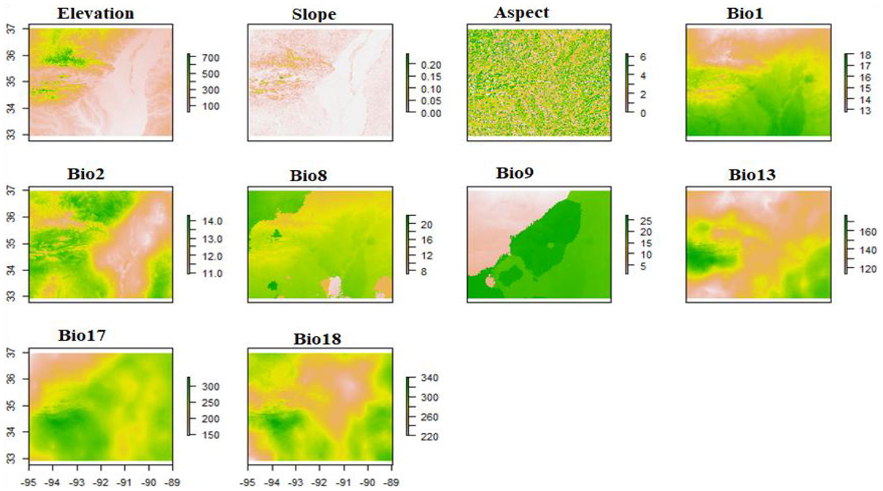 A series of grid maps depict various geographical and biological data: Elevation, Slope, Aspect, Bio1, Bio2, Bio8, Bio9, Bio13, Bio17, and Bio18. Each map is color-coded with corresponding scales, indicating different levels for each parameter. The data ranges from elevation values to biological factors across the maps, highlighting variations in a specified region.