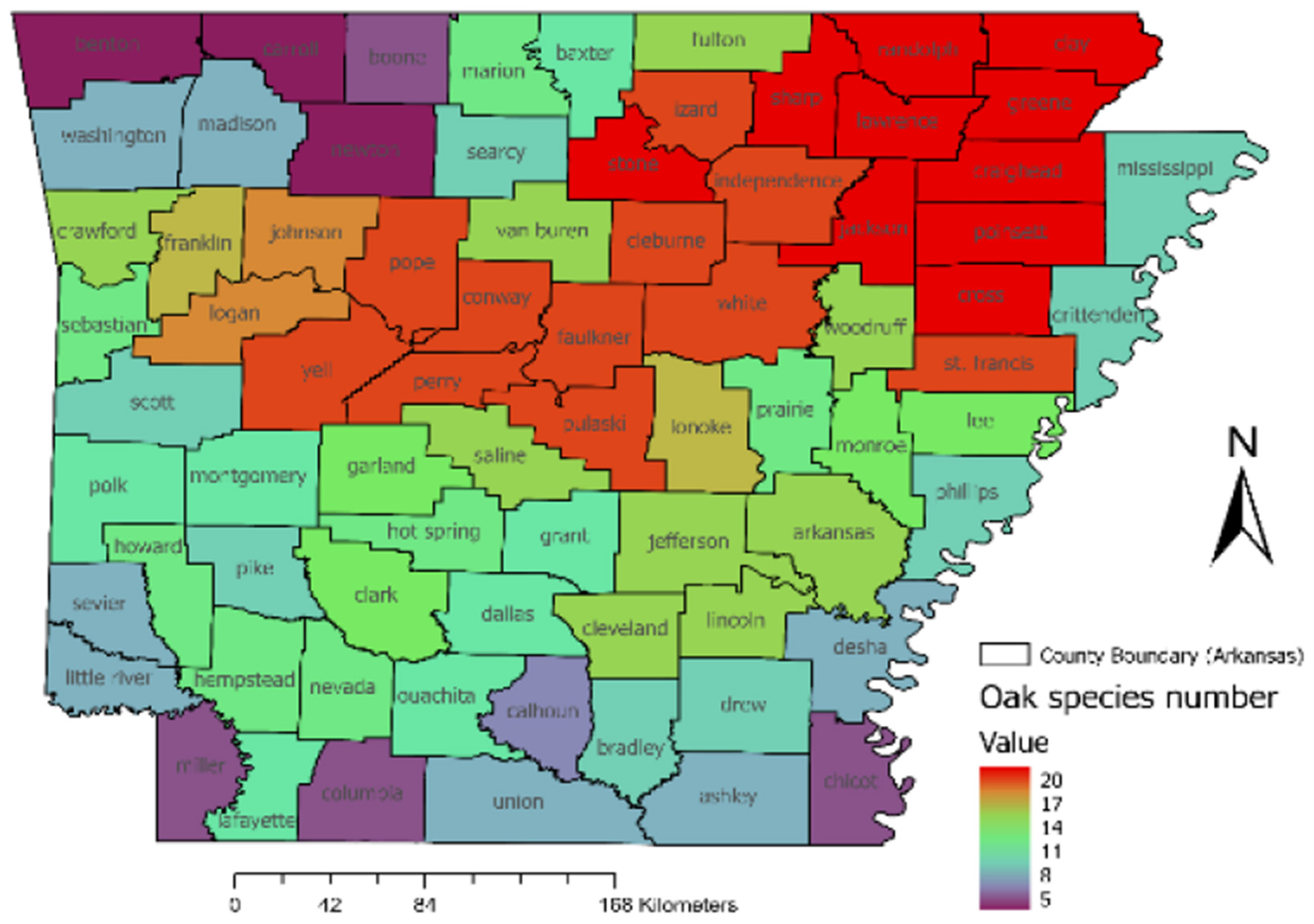 Map of Arkansas showing the distribution of oak species numbers across counties. Colors range from purple to red indicating values from 5 to 20. A north arrow and legend are included.