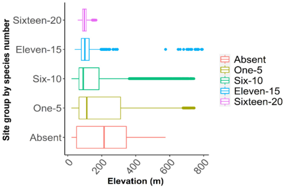 Box plot displays species number distribution across different elevations. Categories from “Absent” to “Sixteen-20” are color-coded. Elevation ranges on the x-axis are from zero to eight hundred meters, while the y-axis lists site groups by species number.