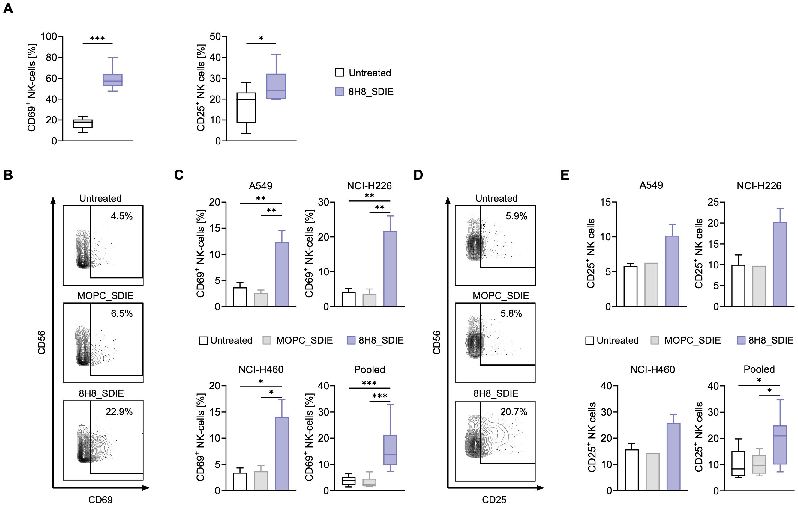 Panel A shows NK cell activation measured by CD69 and CD25 expression after 24h incubation of PBMCs on plates coated with 8H8_SDIE. Panels B and D present representative flow cytometry plots for CD69 and CD25 expression in NK cells after co-culture with NSCLC cell lines and treatment with 8H8_SDIE or control antibody. Panel C includes bar graphs comparing CD69 expression across individual NSCLC cell lines and pooled data. Panel E displays CD25 expression after 72h co-culture. All panels assess NK cell activation in response to CD276 targeting using an Fc-optimized antibody, with significance indicated by asterisks.