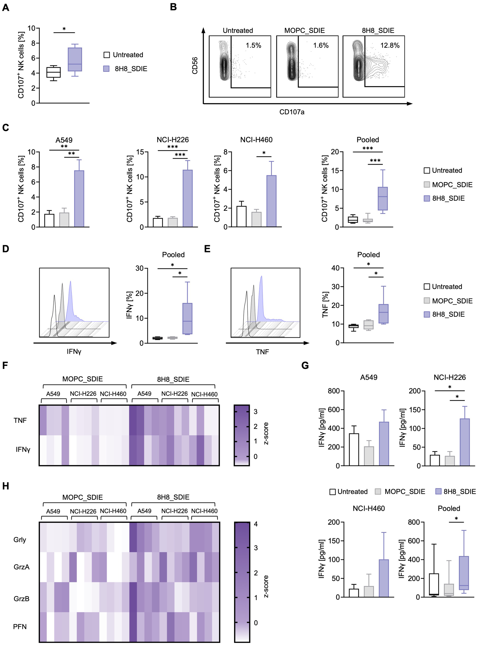 Panel A shows NK cell degranulation (CD107a expression) measured after 4 hours using PBMCs incubated on plates coated with immobilized 8H8_SDIE. Panel B displays representative flow cytometry plots for CD107a expression in NK cells after 4 h co-culture with NSCLC cells. Panel C shows pooled and individual data for CD107a expression. Panels D and E include histograms and pooled data for intracellular IFNg and TNF expression in NK cells after 4 h. Panel F and H present heatmaps of cytokine and effector molecule levels in supernatants after 24 h. Panel G shows IFNg concentration measured by ELISA in supernatants after 72 h of co-culture.