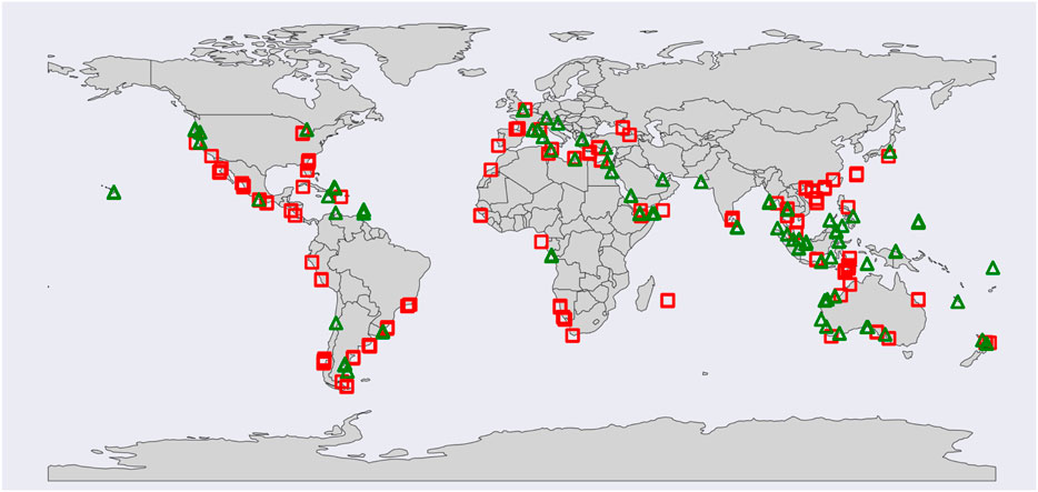 Map of the world showing locations marked with green triangles and red squares, widely dispersed across continents. Concentrations appear in Europe, Asia, and the Americas.