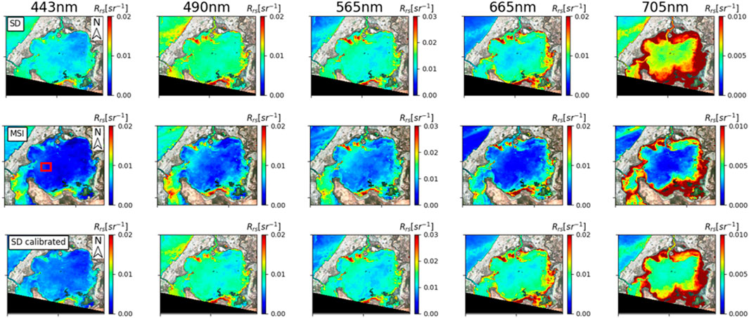 A series of maps displaying remote sensing data at wavelengths 443nm, 490nm, 565nm, 665nm, and 705nm. The images are organized in three rows: SD, MSI, and SD calibrated. Each map shows variations in the water body's reflectance, with color gradients indicating different levels of reflectance from blue to red. The maps are oriented north with color scales beside each, ranging from 0.00 to 0.02 or 0.03 depending on the wavelength. A red box on the MSI map at 443nm highlights a specific area.