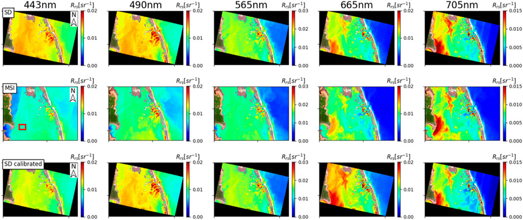 Satellite imagery showing surface reflectance at different wavelengths: 443nm, 490nm, 565nm, 665nm, and 705nm. The top row features SD data, the middle row displays MSI data, and the bottom row shows calibrated SD data. Each map uses color gradients from blue to red to indicate reflectance levels, with a scale on the right of each image. The geographical area is aligned with a compass and includes coastlines and land regions in varied shading, indicating differences in surface reflectance.