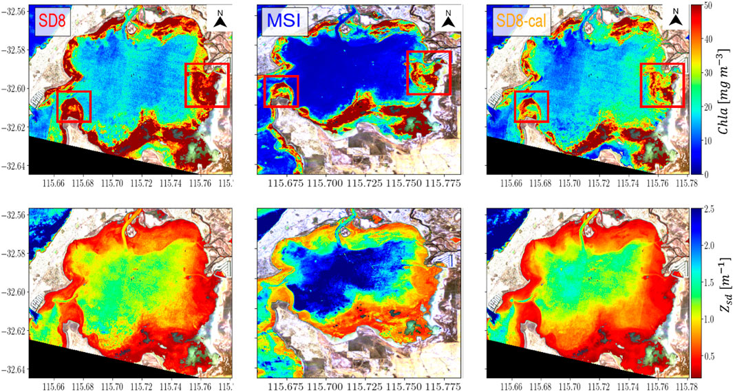 Six-panel image showing satellite-derived chlorophyll-a concentration and Secchi disk depth in a coastal region. Top row includes three maps labeled SD8, MSI, and SD8-cal, with color scales from blue to red, indicating chlorophyll-a levels. Bottom row shows related Secchi disk depth maps, with similar coloring. Each map features geographic coordinates and two red outlined areas highlighting specific regions for comparison. Maps detail spatial variations in water quality indicators.