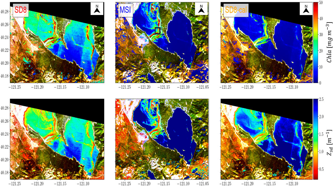 Six satellite images show different environmental data over a geographical area. The images feature color-coded scales indicating measurements such as chlorophyll concentration and depth. Each image is labeled with titles like