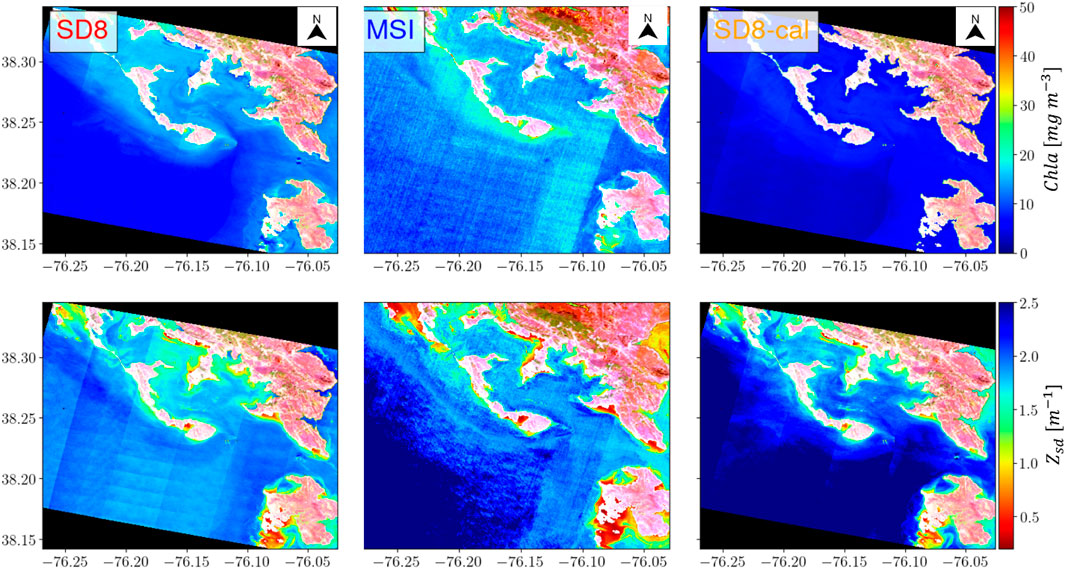 Six satellite maps of a coastal area with varying color gradations. The top row includes images labeled SD8, MSI, and SD8-cal, showing differences in water color representing chlorophyll concentration. A color scale on the side indicates chlorophyll levels in milligrams per cubic meter. The bottom row shows enhanced color variations highlighting different sea states or conditions. Another color scale indicates Zsd values in meters inverse. Each map has coordinates for reference.