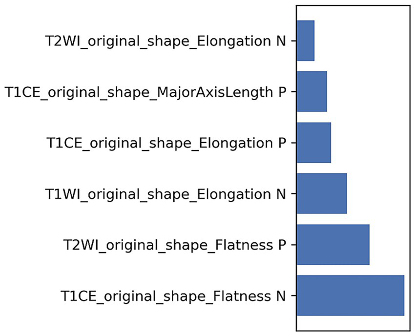 Horizontal bar chart showing different shape descriptors for MRI images. From top to bottom: T2WI Elongation N, T1CE MajorAxisLength P, T1CE Elongation P, T1WI Elongation N, T2WI Flatness P, and T1CE Flatness N. Each bar varies in length.