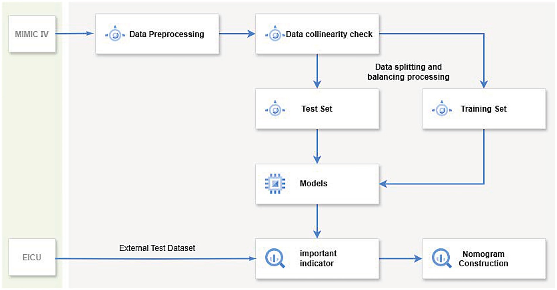 Flowchart depicting a data processing workflow. Data is sourced from MIMIC IV and EICU, entering the process through