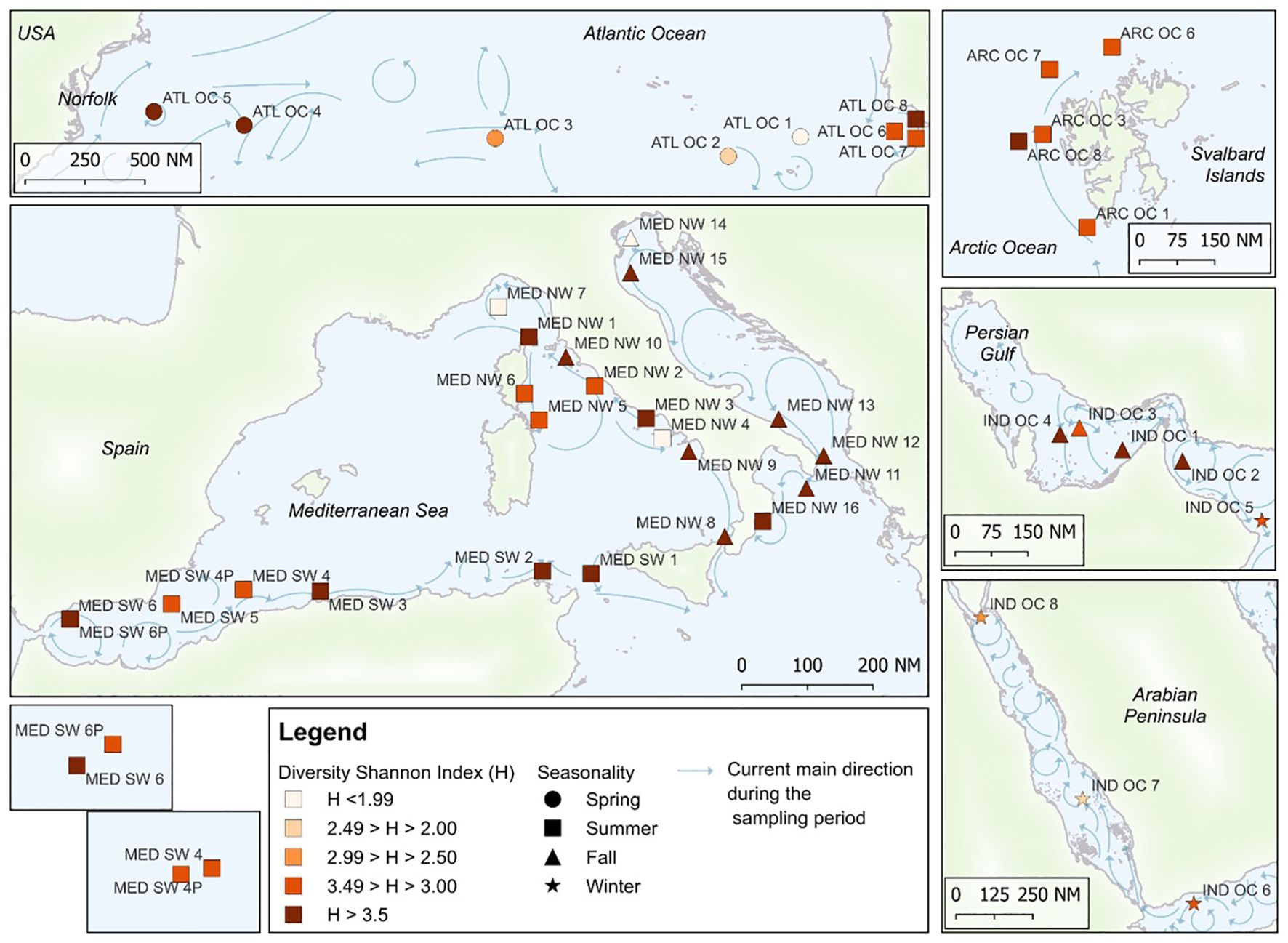 Map showing sampling locations in the Atlantic Ocean, Mediterranean Sea, Arctic Ocean, and Persian Gulf. Symbols indicate seasonality: circles for spring, squares for summer, triangles for fall, and stars for winter. Colors represent the Shannon Diversity Index, ranging from light to dark brown. Arrows depict the main current directions during sampling periods. Legends are included for reference.