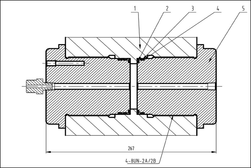 Cross-sectional drawing of a mechanical component, featuring several parts labeled with numbers one through five. The component is symmetrically designed, with detailed annotations and measurements. A central axis is clearly marked, indicating alignment of internal features. The bottom dimension is specified as 267, with a notation of