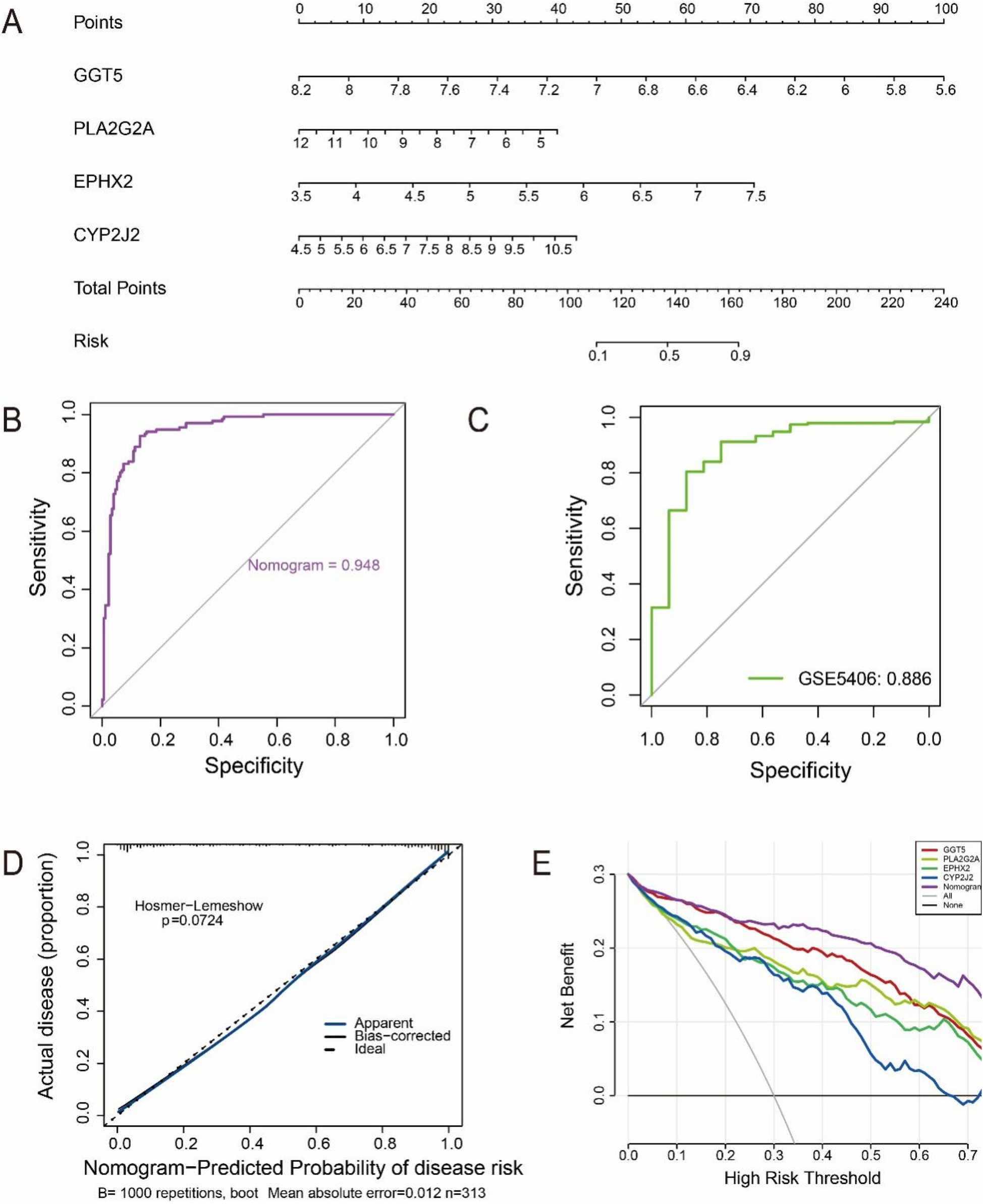 A composite image with five panels depicting statistical analyses. Panel A shows a nomogram correlating genes GGT5, PLA2G2A, EPHX2, and CYP2J2 with risk points. Panel B and C are ROC curves with sensitivity versus specificity, displaying nomogram performance with values 0.948 and 0.886. Panel D is a calibration plot showing predicted versus actual disease risk, citing Hosmer-Lemeshow test with p=0.0724. Panel E is a decision curve analysis, plotting net benefit against high-risk threshold for various genes and models.